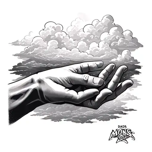 Dads Hand And Baby Hand Coming From Clouds To Pull Mons Hand On Land