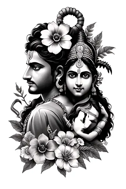 Father And Son Tattoo Featuring Flowers And Scorpion And Hindu God Shiva