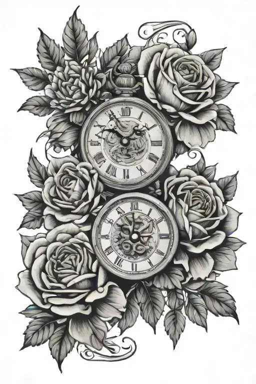 Chrysanths And Roses Memorial Tattoo With Clock And Date