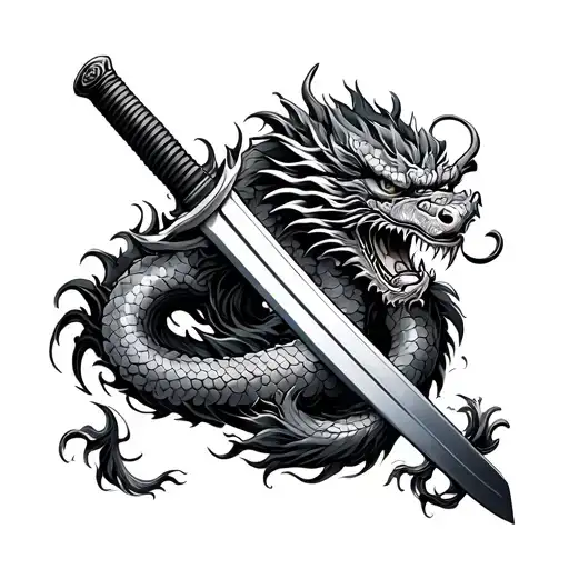 Chinese Dragon Wrapping Around A Japanese Katana Where The Katana Is Verticle