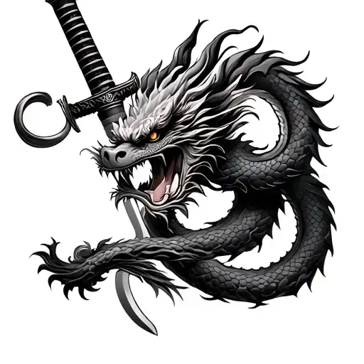 Chinese Dragon Wrapping Around A Japanese Katana Where The Katana Is Verticle