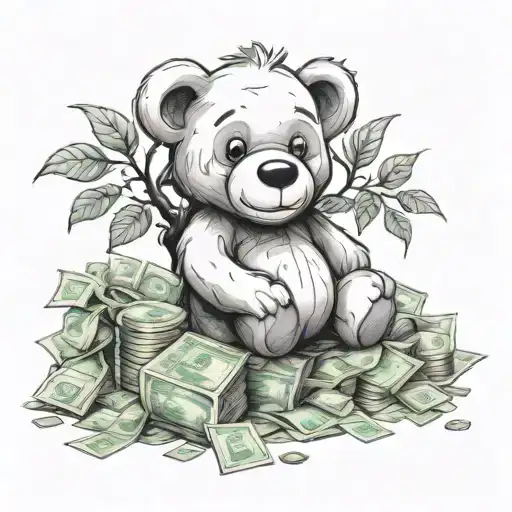 Teddy Bear Sitting O A Pile Of Money Tree Growing