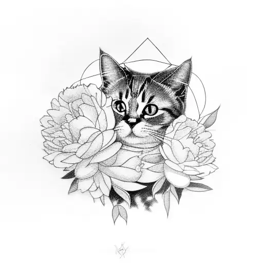 Cat With Peony In Rhombus