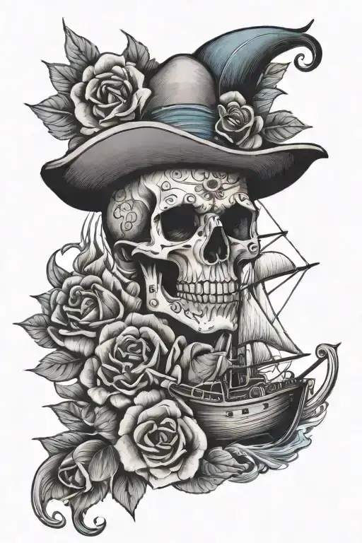 Blue Nose Boat Sailing With Skull And Flowers