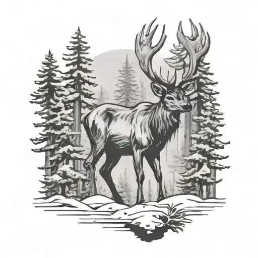 Deer With Fangs In Snowy Pine Forest