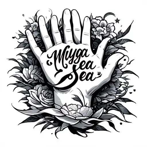 Tattoo On The Hand Of The Hand With The Text Of The Song Miyaga Sea In The Style Of Elian Script