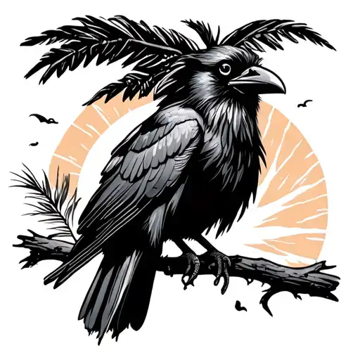 Raven Perched With Palm Tree And Sun