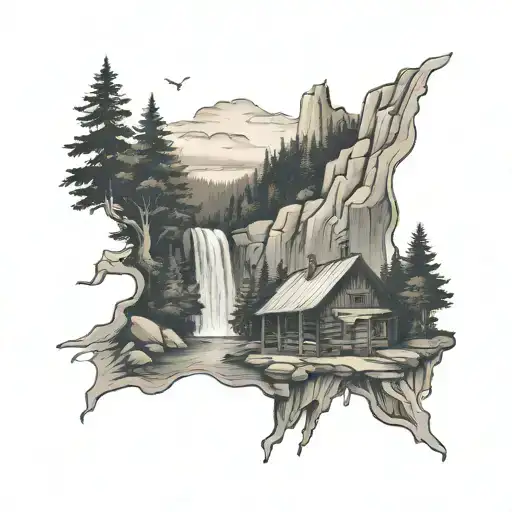 West Virginia Mountain Scene With Waterfall And Cabin