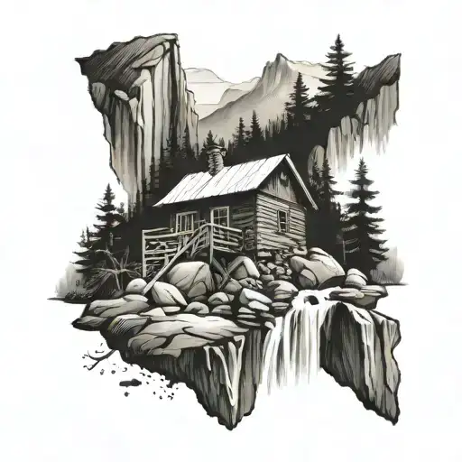 West Virginia Mountain Scene With Waterfall And Cabin Black And White
