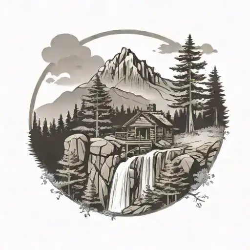 Tennessee Mountain Scene With Cabin And Waterfall Below