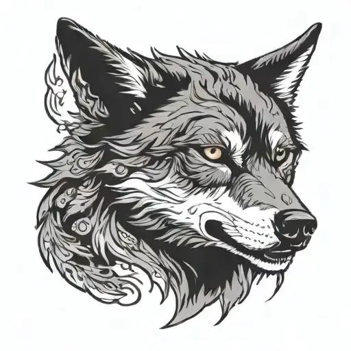 Silhouette Of A Wolf With A Half Circle On Fire Black And White