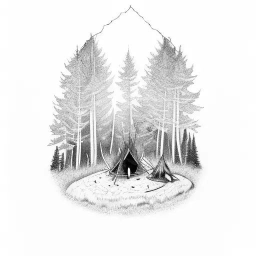 A Campfire Surrounded By Towering Trees And A Waterfall In The Background