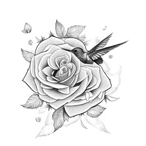 Hummingbird With Lilac Flowers And Roses And A Squirrel And Sun