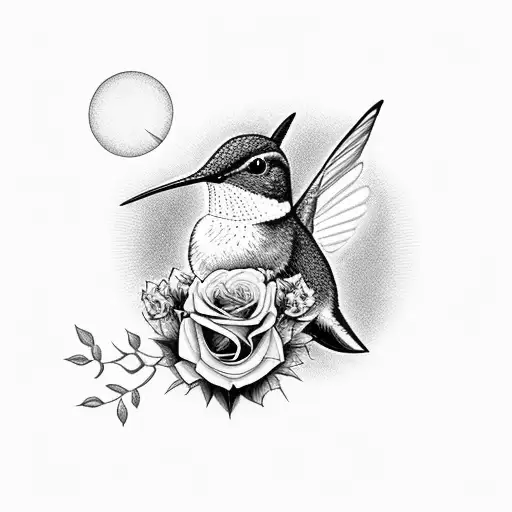 Hummingbird With Lilac Flowers And Roses And A Squirrel And Sun
