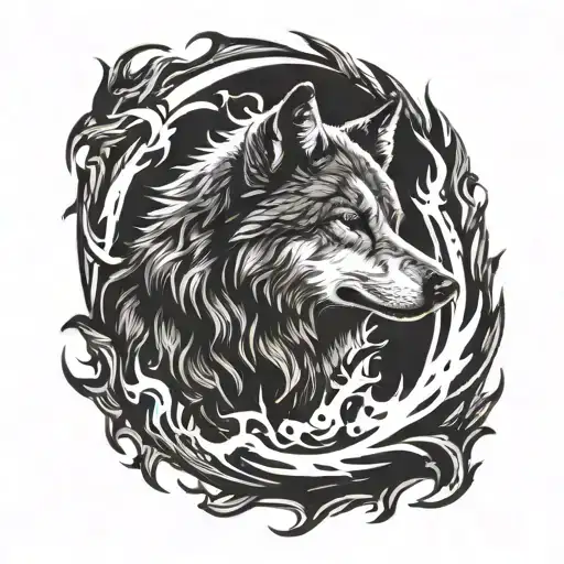Shadow Of A Wolf With A Half Circle On Fire Representing The Sun Black And White Skin On Fire