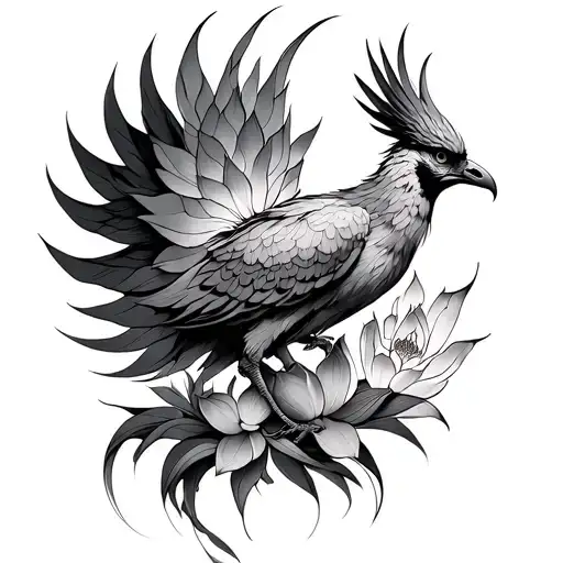 Phoenix And Lotus Flower Small Line Tattoo Design