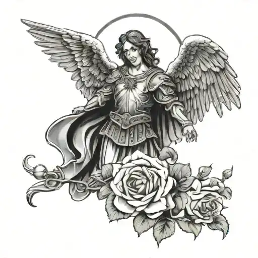 Saint Michael Archangel With Roses Around And Rosary Beads Wrapping Around