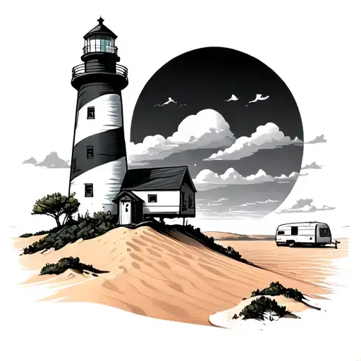 Lighthouse In Sand Dunes With Caravans In Background