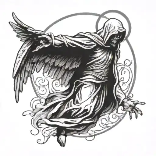 Hooded Angel Bursting Thru Hord Od Deamons Reaching Out For His Halo