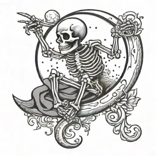 A Friendly Skeleton Laying On A Crescent Moon