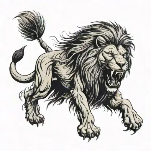 Big Lion With Bloody Mane Looking Angry And Has Growling Sharp Teeth