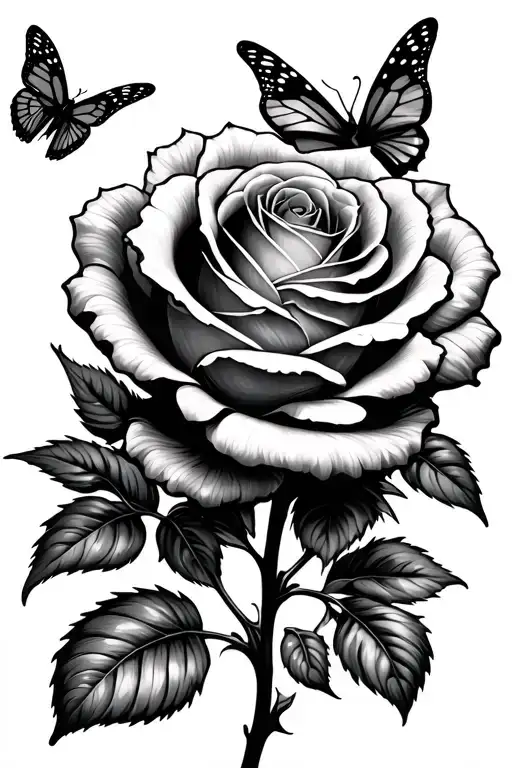 Rose On A Big Stem With Butterfly Flying