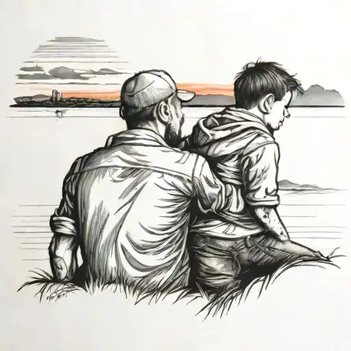 Father And Son Staring At The Sunset Scene