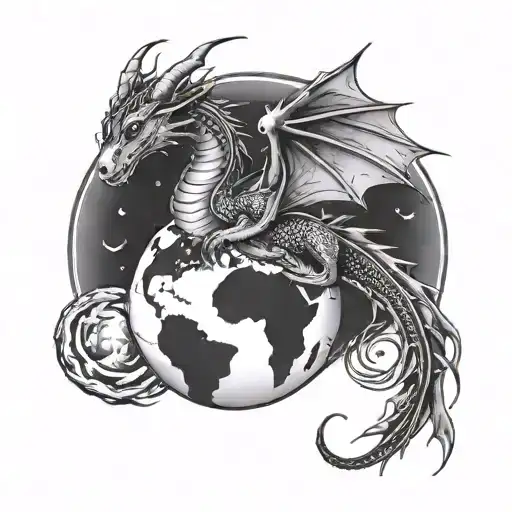 Little Elegant Simple Dragon Sitting On Planet Earth