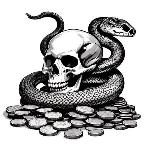 A King Cobra Coiled Around A Pirate's Skull On A Pile Of Coins