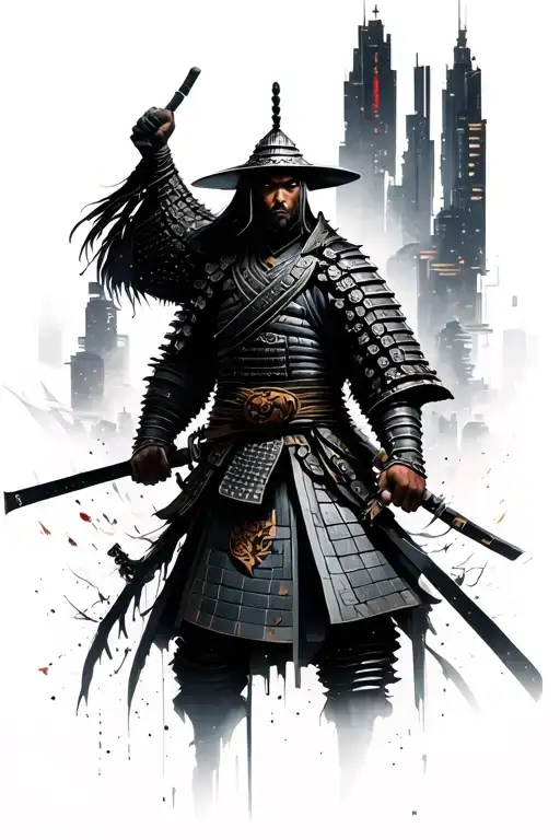 Samurai Realism Tattoo Futuristic Cyberpunk Cityscape