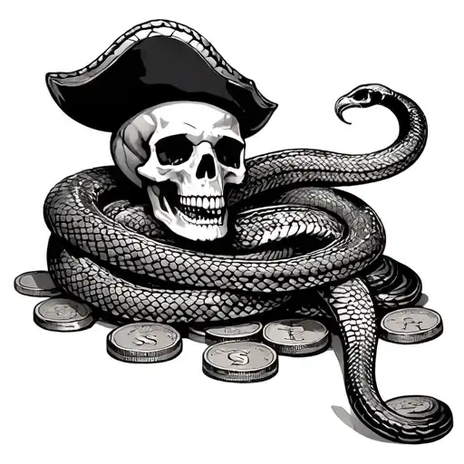 A King Cobra Coiled Around A Pirate's Skull On A Pile Of Coins