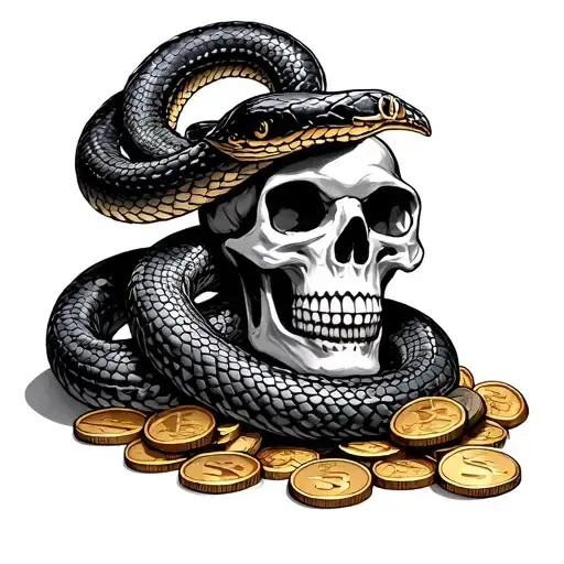 A King Cobra Coiled Around A Pirate's Skull On A Pile Of Coins