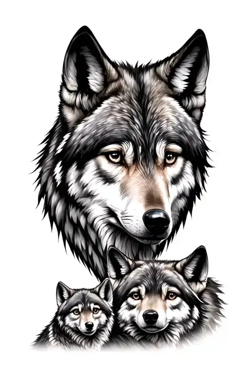 Three Heads Of Wolf The Mom And Two Babies