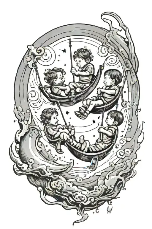 Small Kids Swinging In The Moon Surrounded