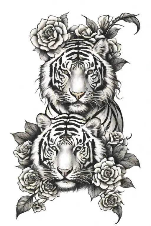 White Tiger And Flowers Intertwined