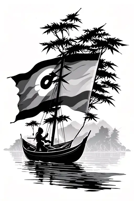 Yapese Flag Waving With Bamboo Forest And Canoe Sailing