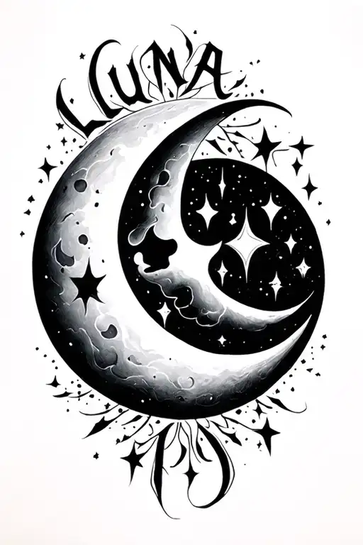 Luna In Script Lettering Tattoo With Moon Deigns For Forearm