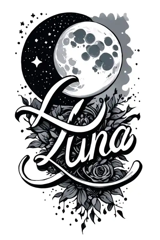 Luna In Script Lettering Tattoo With Moon Deigns For Forearm