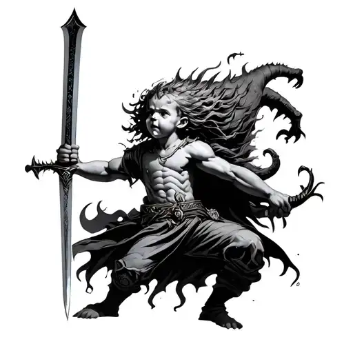 Kid Holding Sword Fighting His Demons