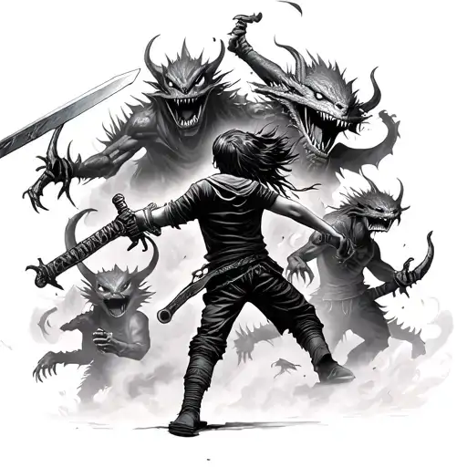 Kid Holding Sword Fighting Multiple Evil Monsters In A Dark Smokey Place