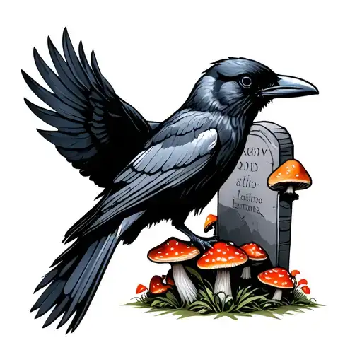 Crow Standing On Tombstone With Mushrooms Surrounding Bottom
