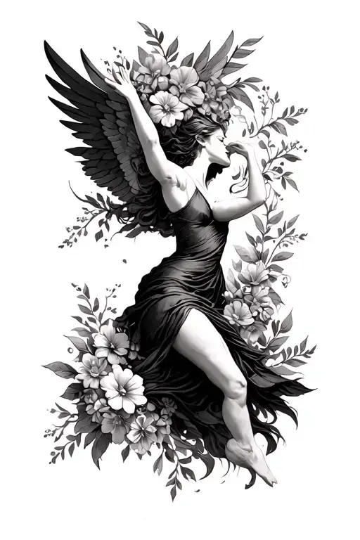 A Lady Falling Like Icarus Sorrounded By Flowers As A Spine