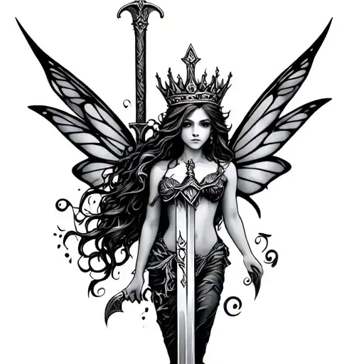 Fairy With Crown And Sword Tattoo Flash