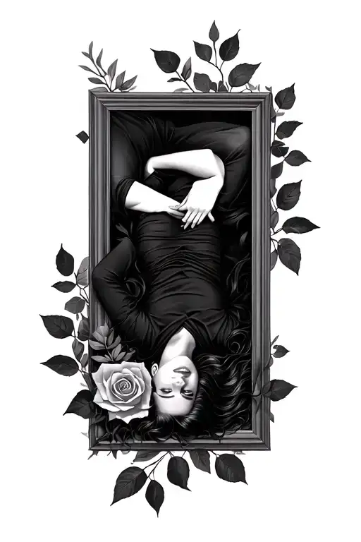 Square With Person Lying Down Frame Has Leaves And Rose