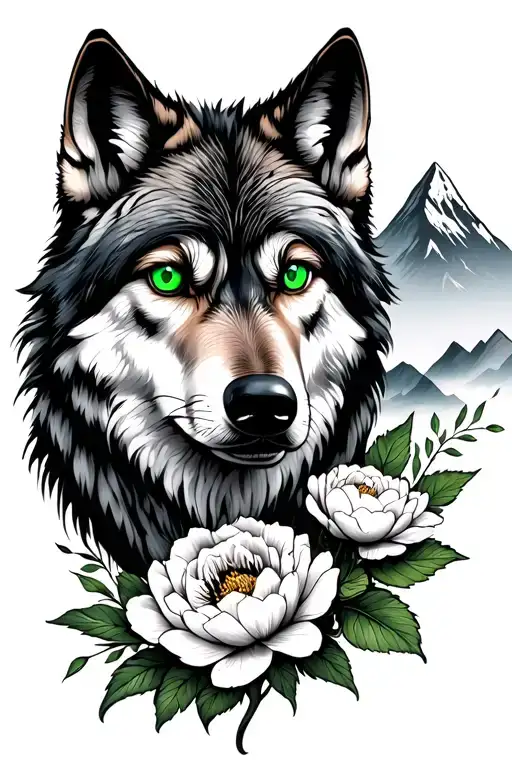 Wolf With Green Eyes And Mountain And Peony