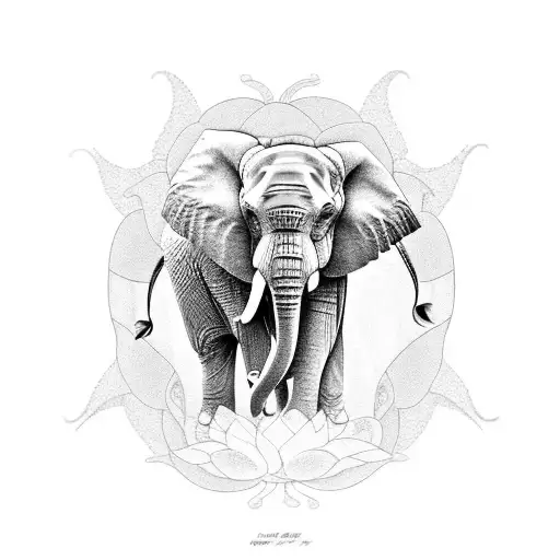 Elephant Standing On A Lotus With Peacock Feathers In The Background