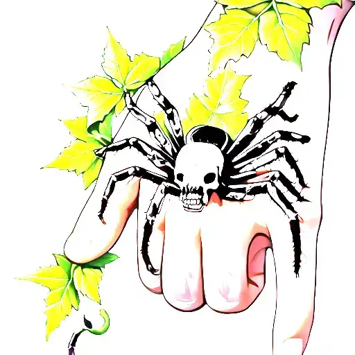 Skelton Finger Tattoo With A Spider On Hand And Poison Ivy Wrapping Around