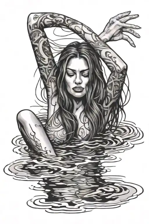 Depressed Woman With Long Hair Drowning In The Water With Hands On Head