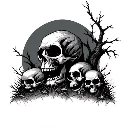 Skulls And Graveyard With A Dead Tree