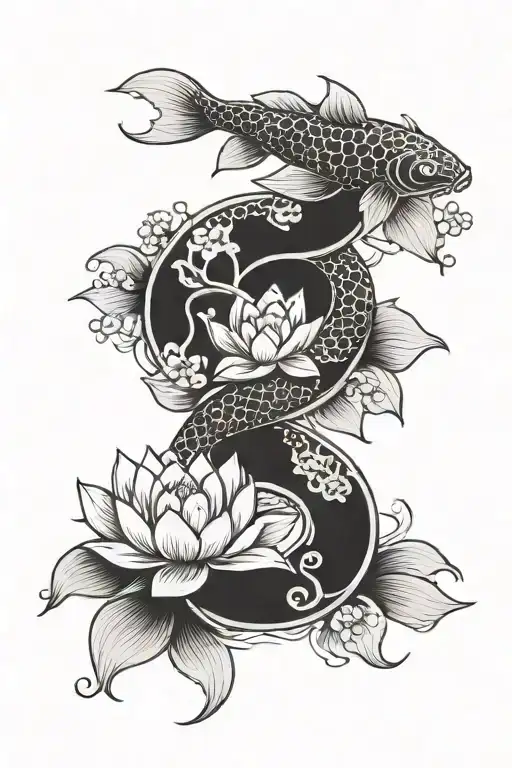 Koi Fish Yin Yang With Lotus Flowers